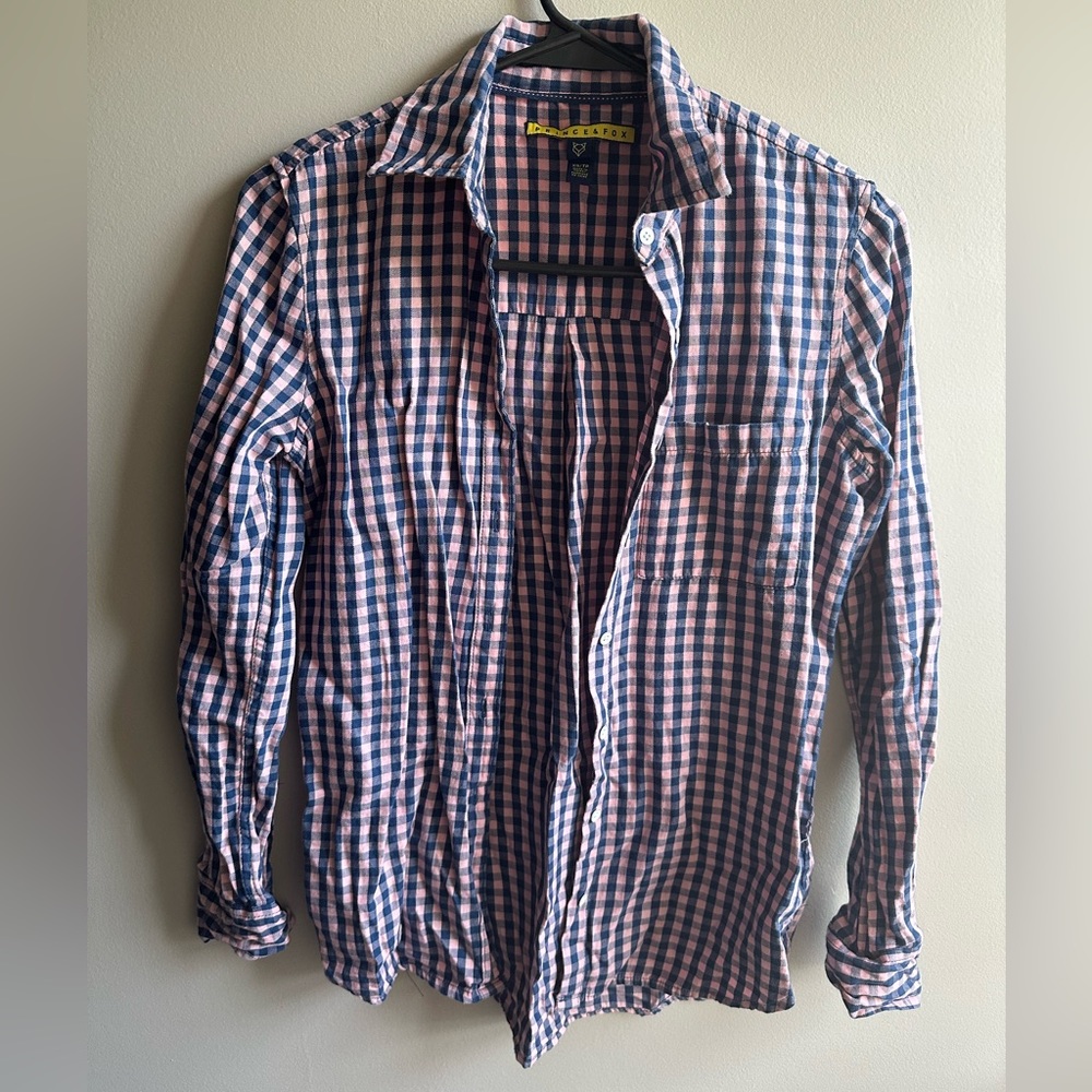 Prince & Fox long sleeve pink and navy checkered button down shirt